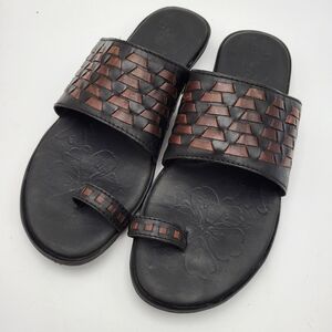 Born Black and Brown Woven Slide Sandals with Toe Ring - Size 8
